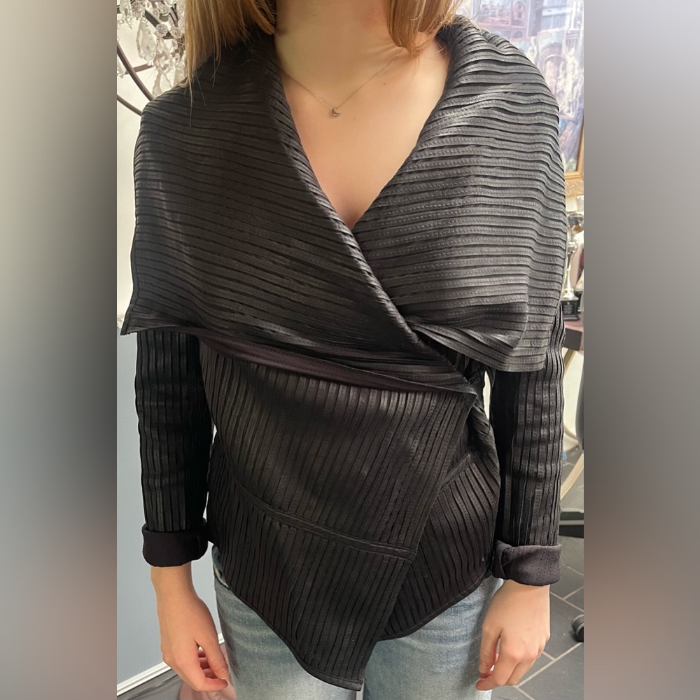 MY TRIBE BLACK LEATHER DRAPEY STRIPED JACKET SIZE S
